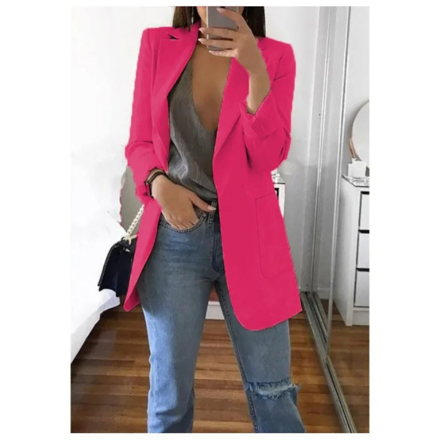 Women's long khaki blazer tailored fit elegant office style refined silhouette all-day comfort