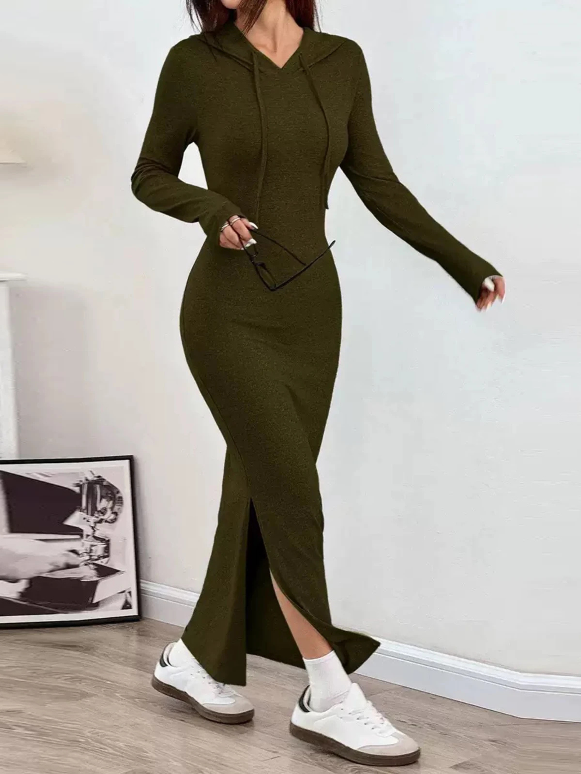 Black hooded bodycon maxi dress poly-stretch contoured fit with side slit modern silhouette