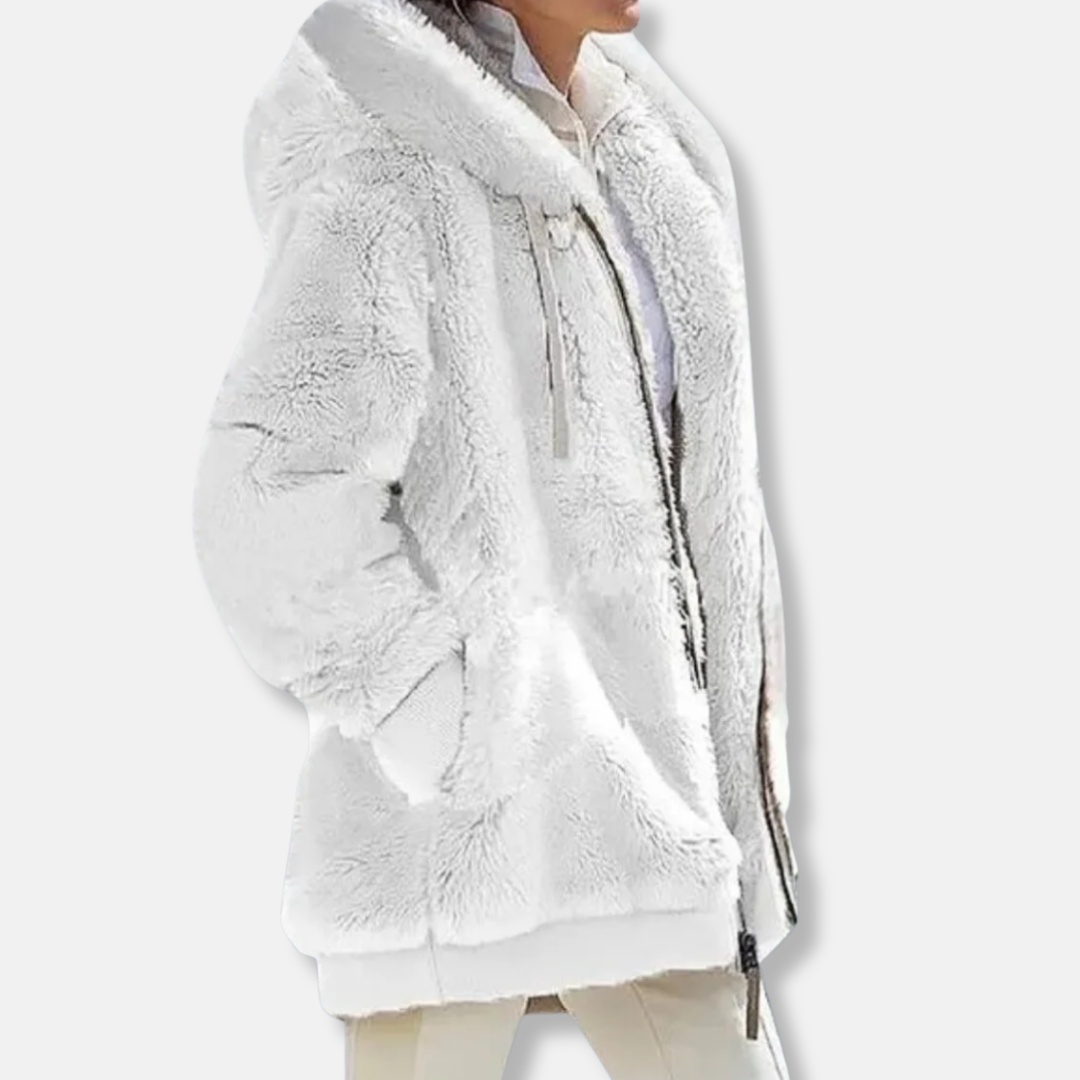 Women's oversized fleece hooded jacket mid-thigh length with zip front and side pockets
