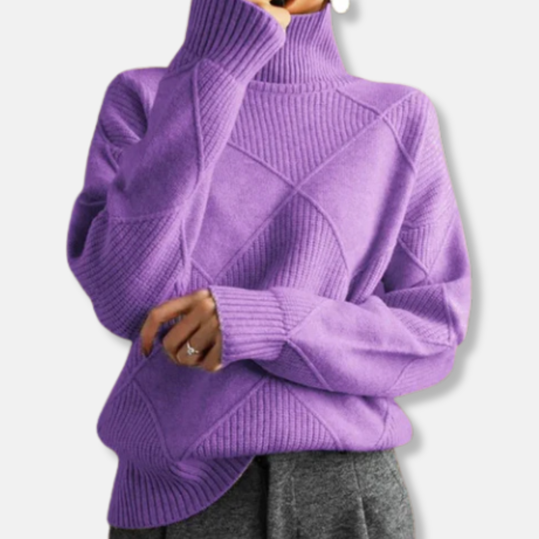 Women's relaxed fit turtleneck sweater with ribbed diamond knit texture for casual wear