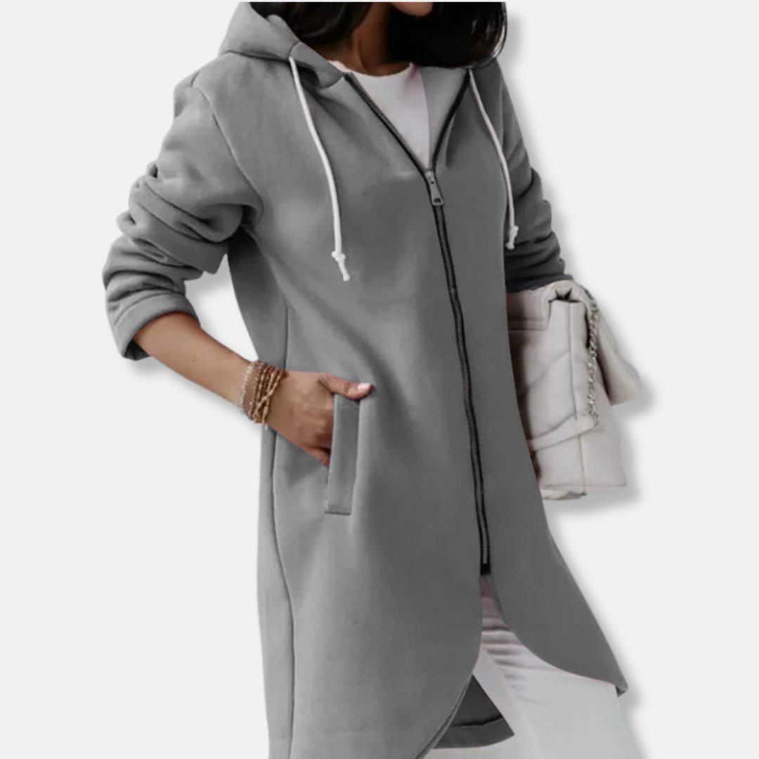 Women's relaxed fit mid-length sweatshirt jacket with drawstring hood and front zipper