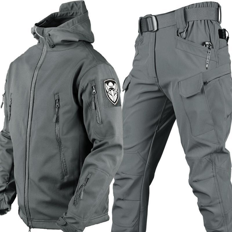 Men's windproof softshell jacket and cargo pants outdoor hiking suit with adjustable fit utility pockets