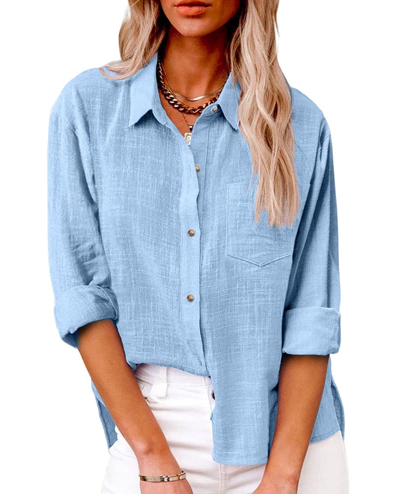 Women's casual long sleeve button-down shirt relaxed fit with soft drape, effortless everyday style