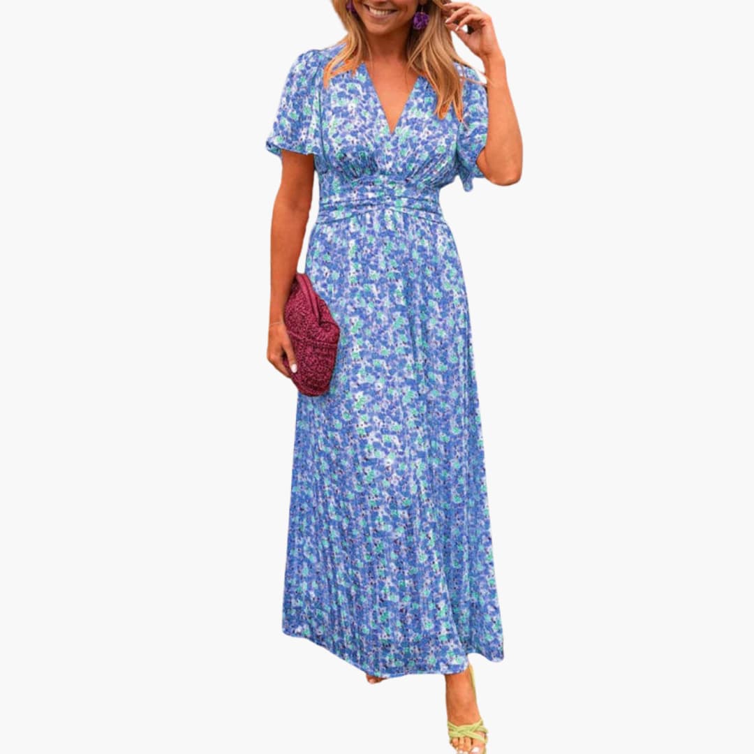 Floral wrap maxi dress women V-neck silhouette adjustable waist colorful garden party style