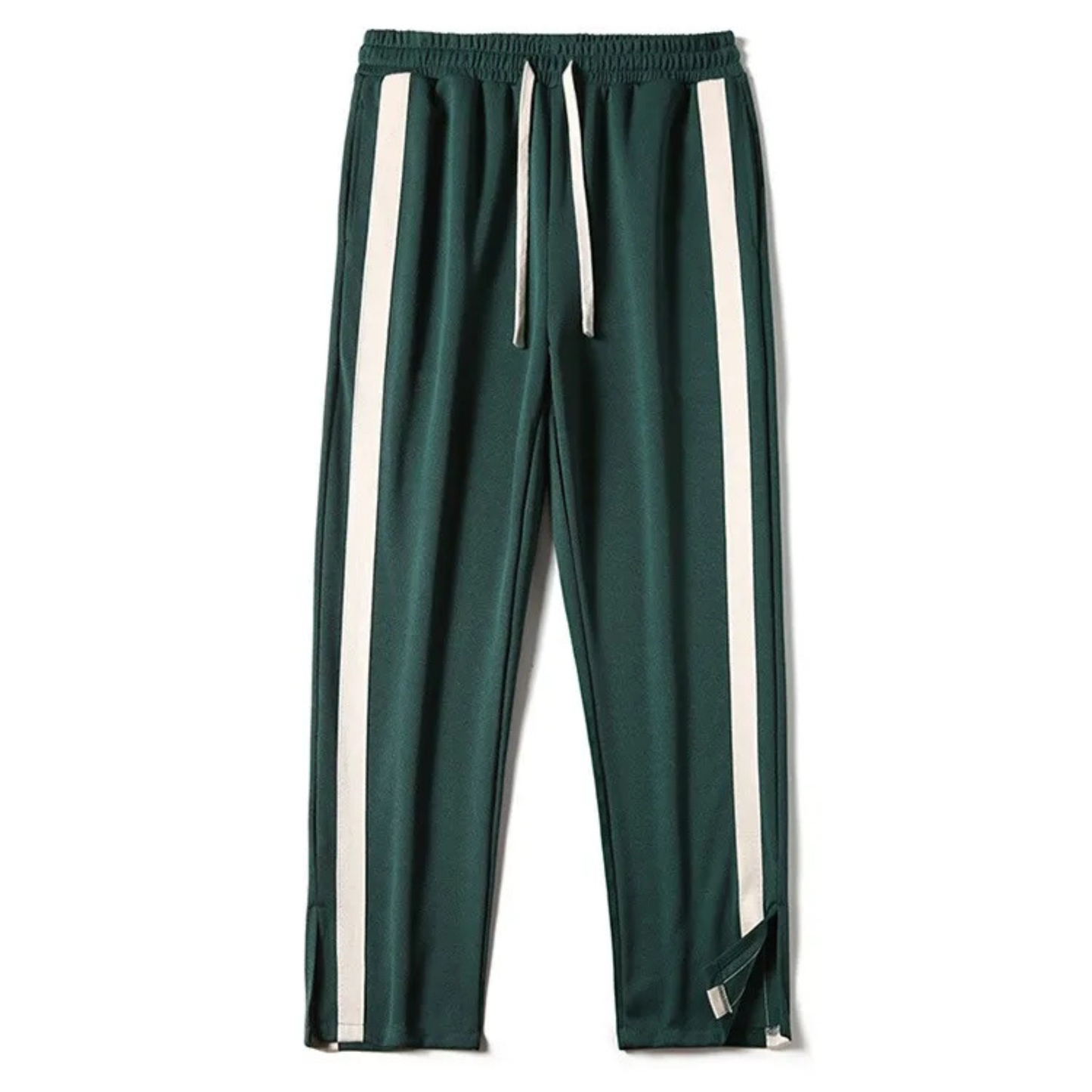 Men's grey straight-leg sweatpants with contrast side stripes, drawstring waist, and reinforced hem
