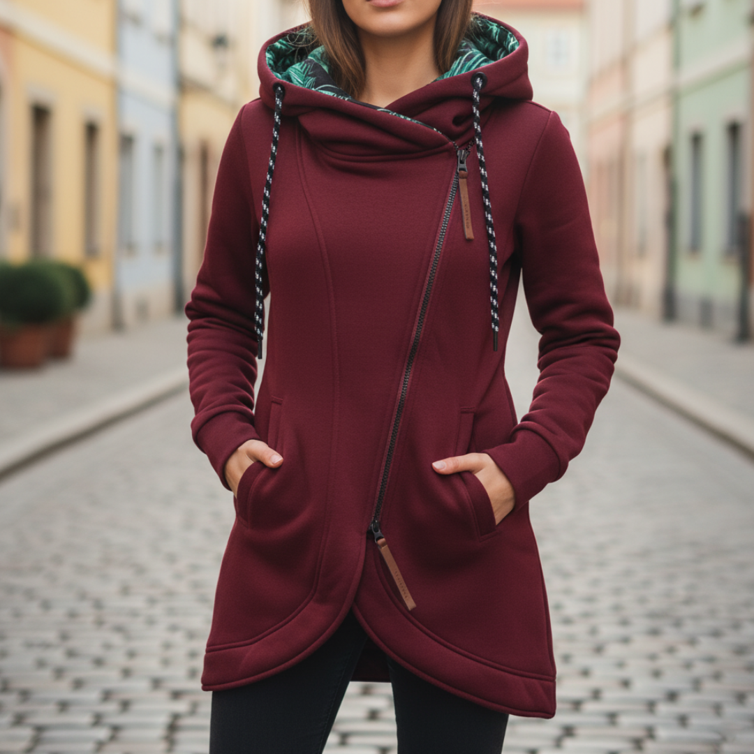 Women's long gray hooded sweatshirt asymmetric zip high collar relaxed A-line casual fit
