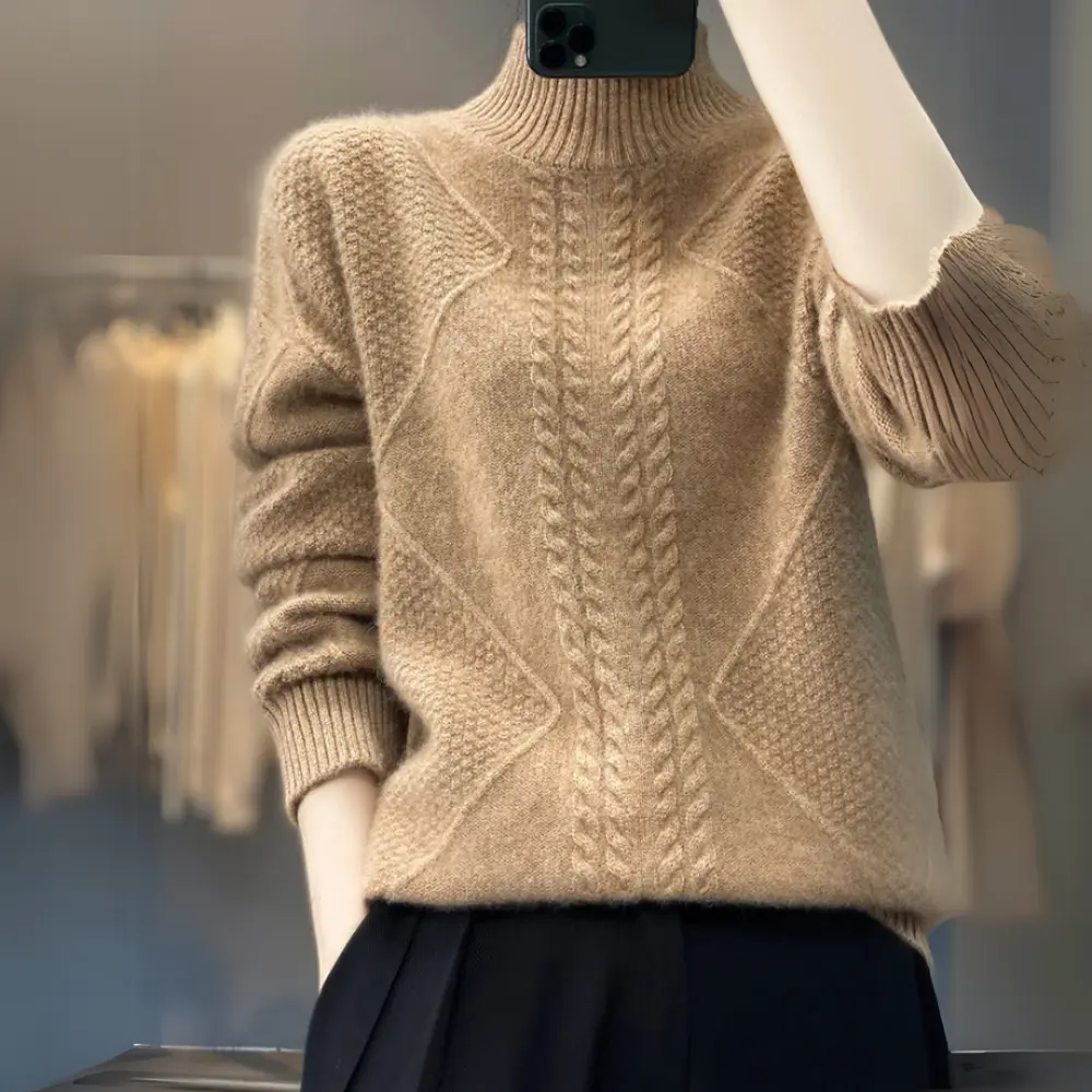 Women's turtleneck sweater contoured fit ultra-soft textured knit with patchwork detail and plush high neck