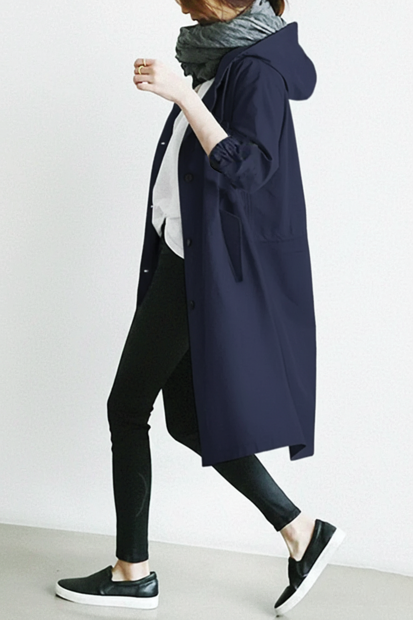 Women's beige hooded trench coat classic tailored silhouette premium soft fabric all-day comfort