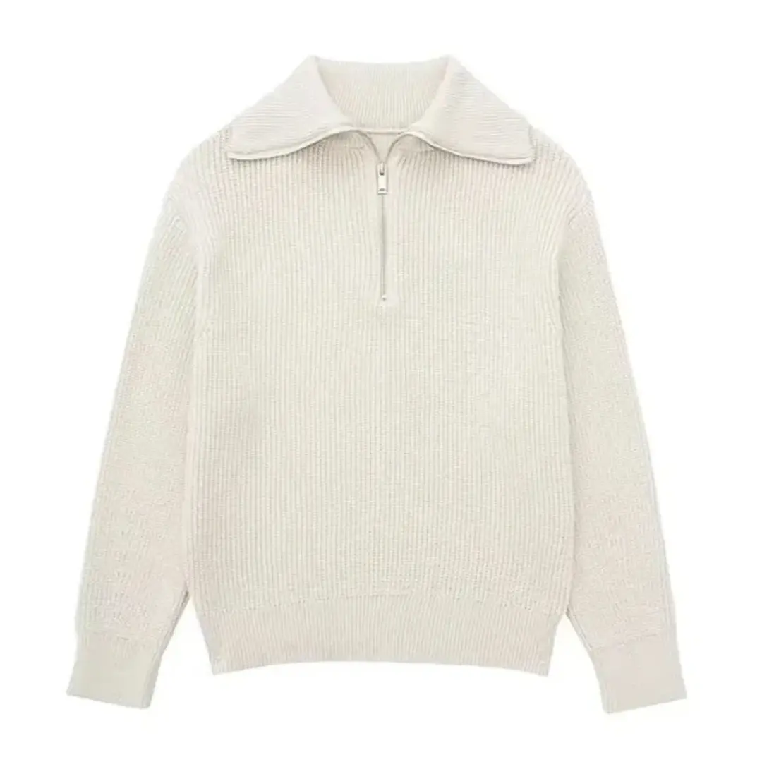 Navy white Nordic stripe zip-up sweater unisex relaxed fit with nautical-inspired collar detail