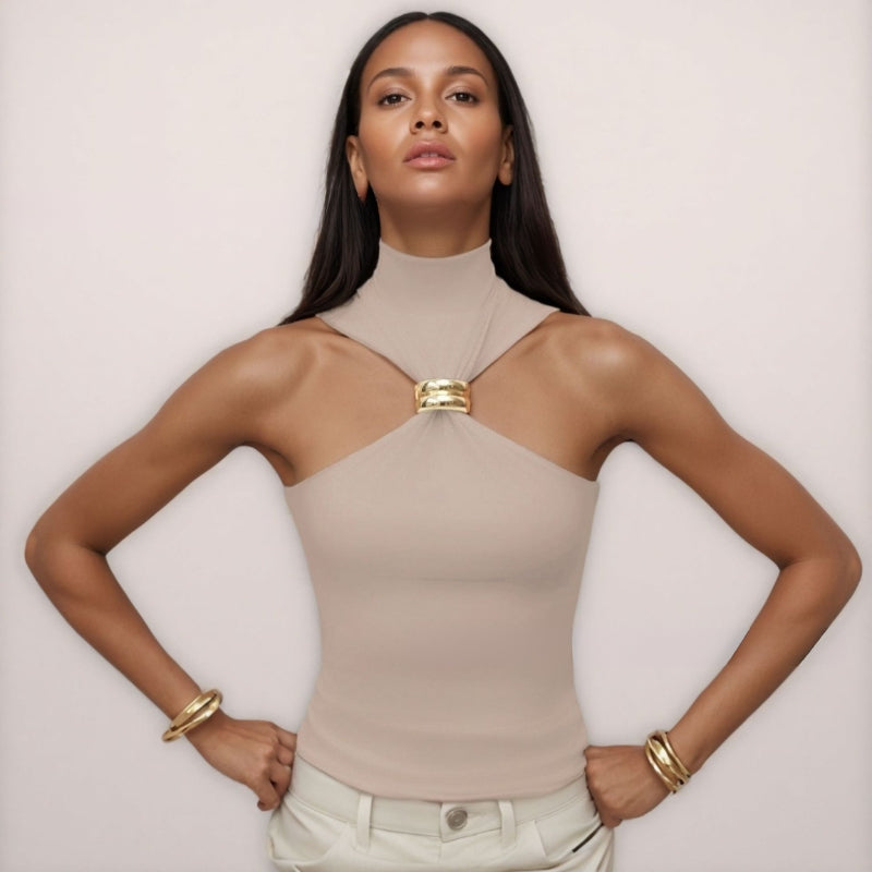 Women's skin-tracing stretch knit tank top in neutral tone with gold ring hardware accent