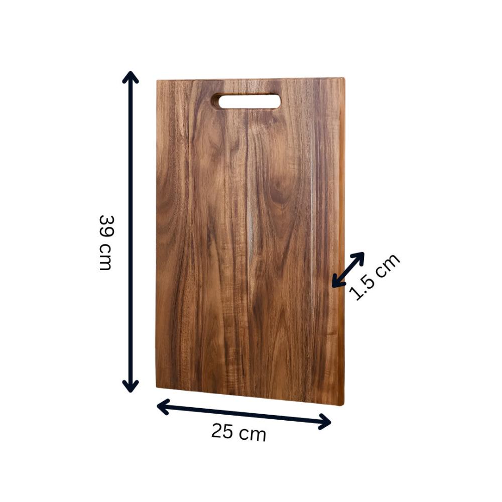 Acacia wood cutting board with integrated handle, natural grain finish for home cooks