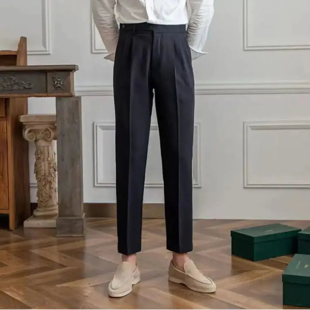 Men's high waist pleated trousers with buckle detail, tailored fit in premium neutral fabric
