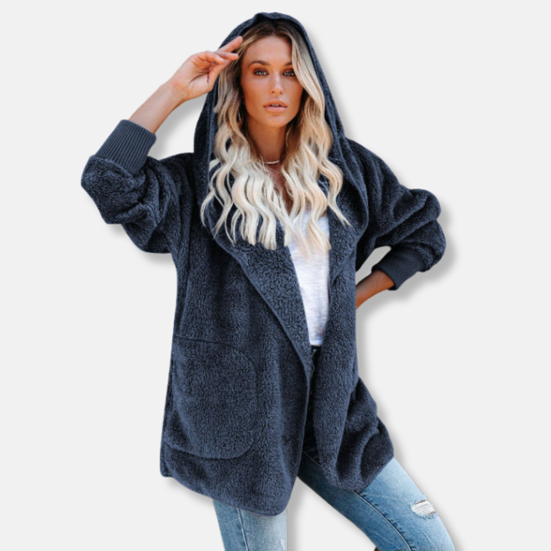 Women's oversized sherpa fleece hooded cardigan open front with pockets, ultra-soft cozy fit