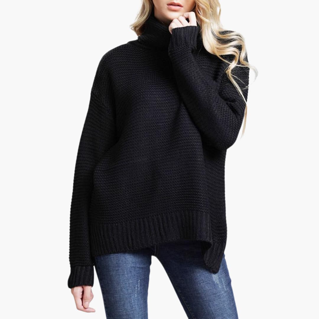 Women's chunky knit turtleneck sweater, relaxed hip-length silhouette with ribbed cuffs for cozy wear