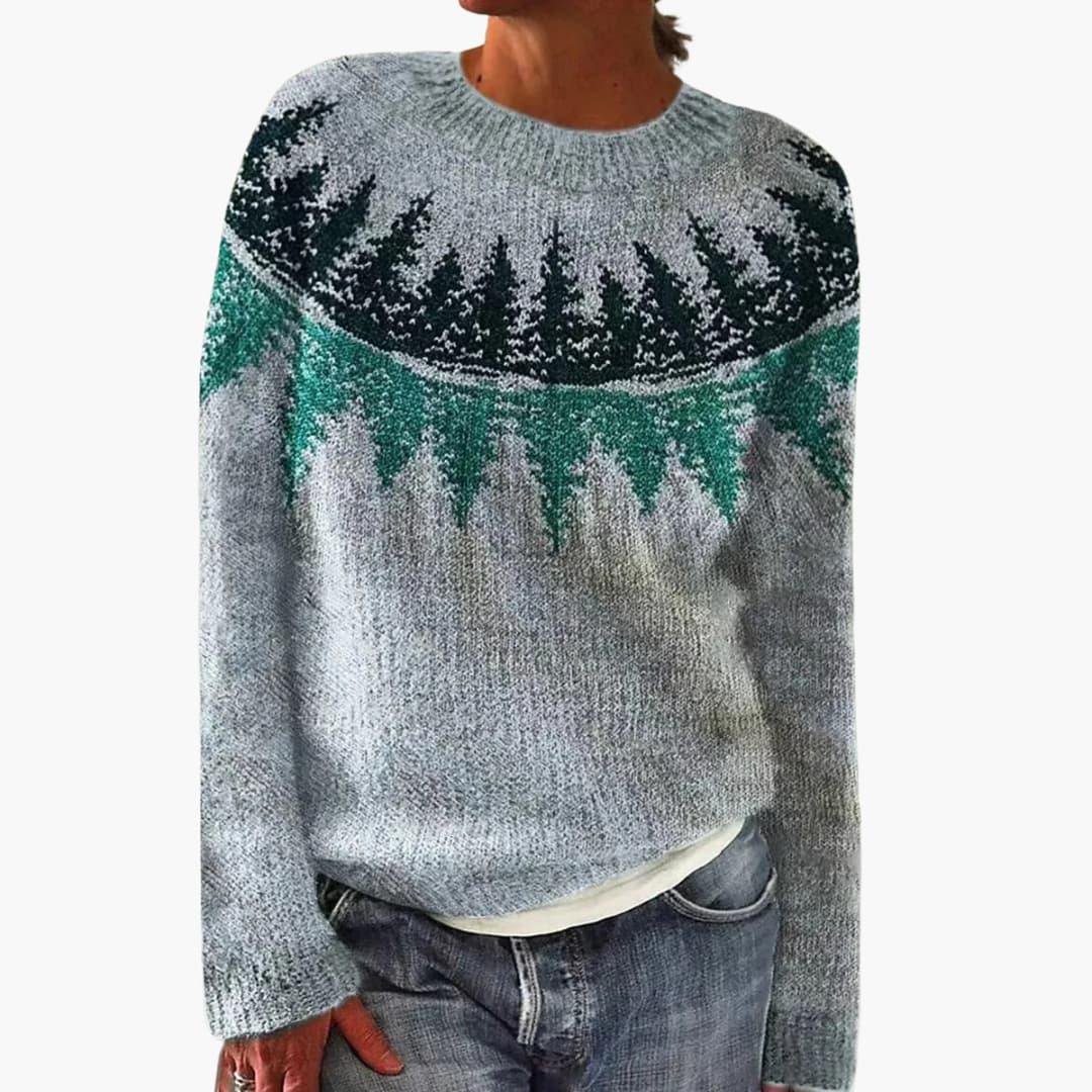 Women's knit sweater with round neck, textured stripe pattern, ribbed trim, cozy regular fit