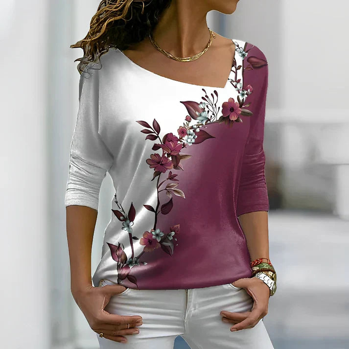Vibrant floral print t-shirt with bold contrasting colors, casual relaxed fit, botanical pattern