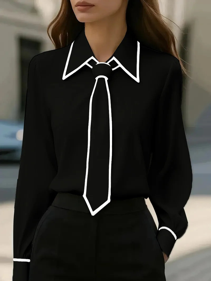 White contrast piping blouse with oversized collar and detachable tie, wrinkle-resistant cotton blend