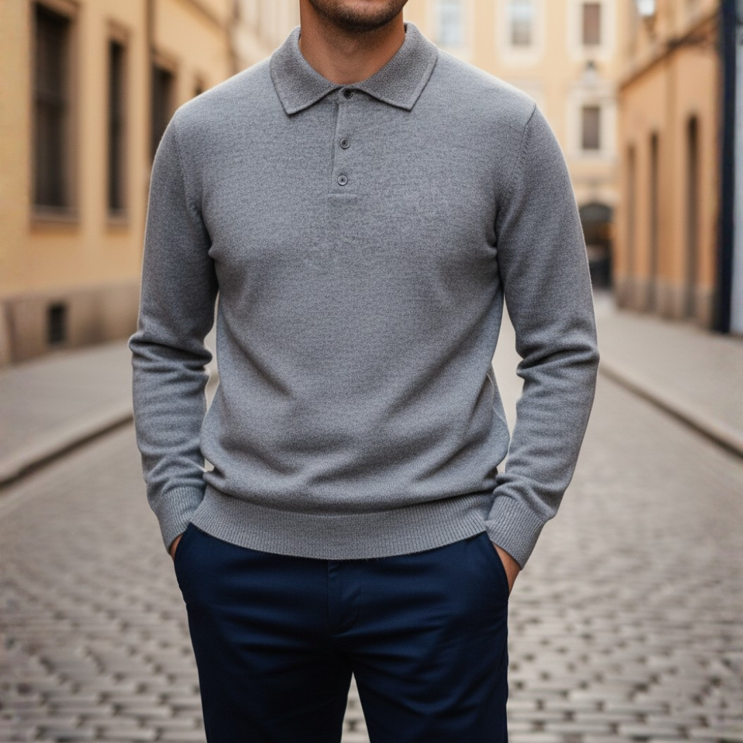 Men's long sleeve polo shirt classic fit three-button collar knit fabric casual formal wear