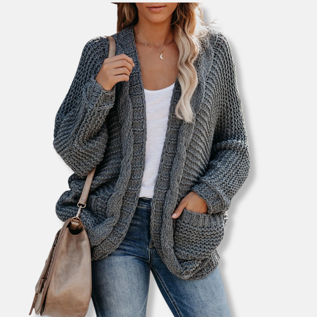 Isla wool oversized open-front cardigan for women with ribbed detailing and cozy pockets