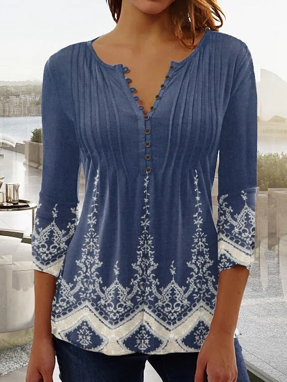 Women's floral blouse V-neck ruched bust romantic chic pattern figure-flattering feminine fit