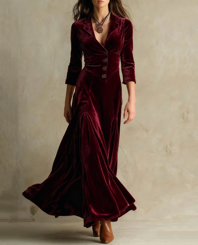 Brown velvet long dress 70s blazer-style suit collar retro elegant gown for women