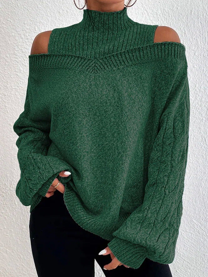 Women's cream knit off-shoulder sweater with high neck cutout and relaxed long sleeve fit