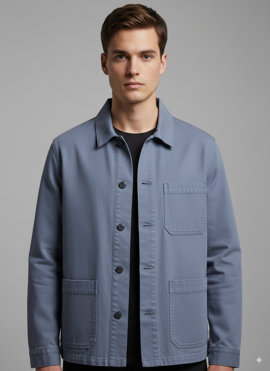 Men's relaxed-fit casual jacket in neutral tones with button-front closure and chest pocket
