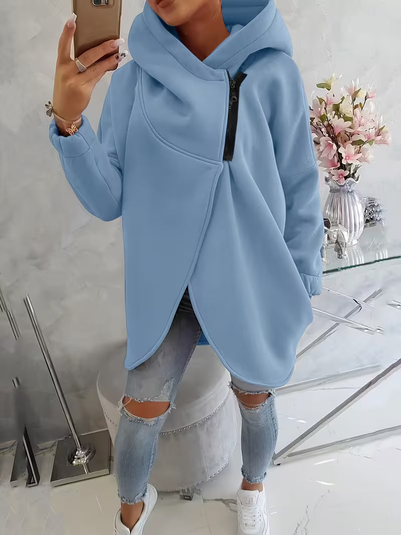 Women's asymmetrical zip hoodie wrap front sculptural silhouette premium cotton blend streetwear