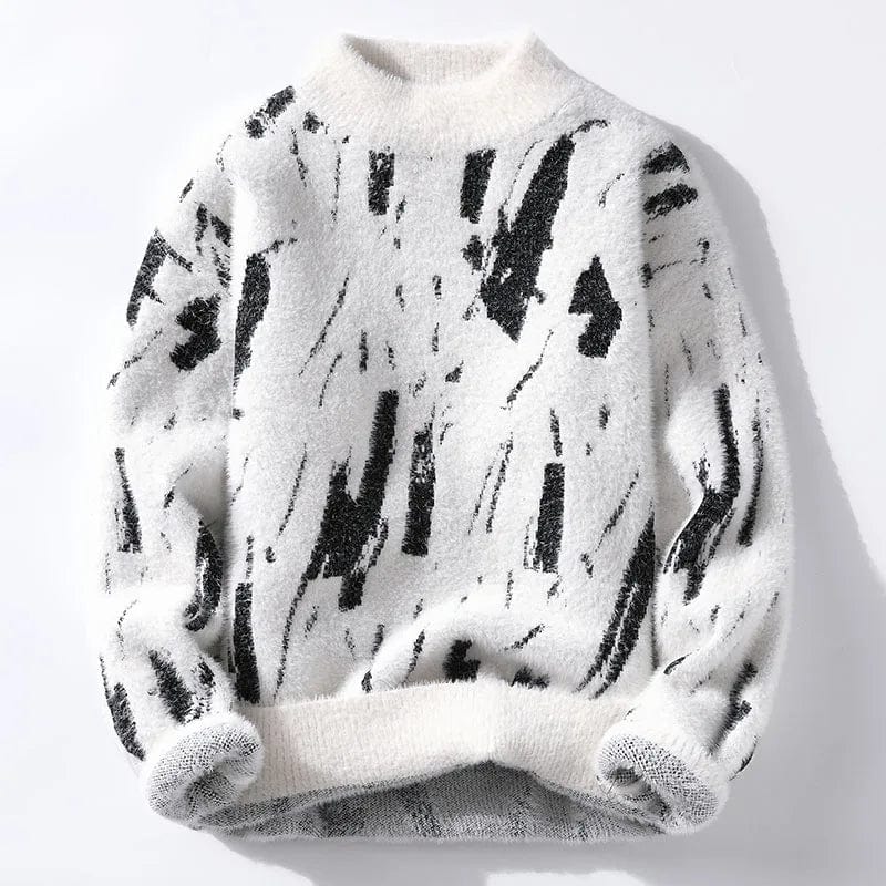 Women's fuzzy abstract knit sweater in black, cozy plush pullover with ribbed crewneck