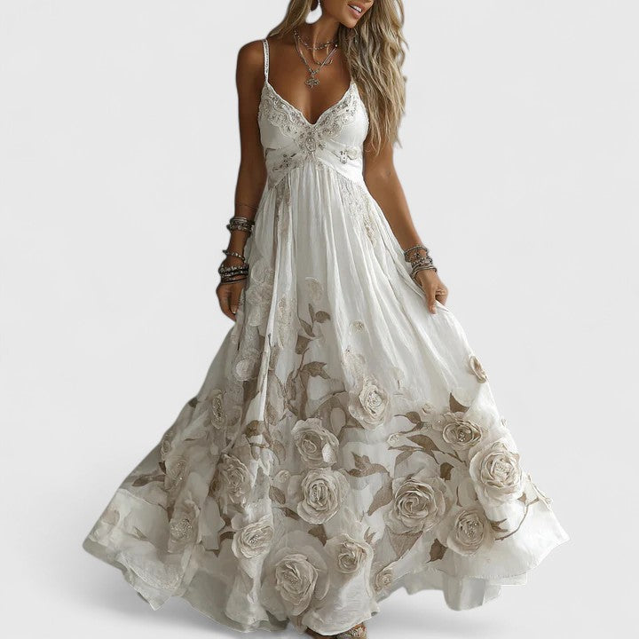 Floral embellished maxi gown elegant evening wear flowing silhouette delicate floral details