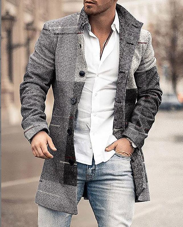 Men's long structured coat in modern urban style with slim elegant silhouette for cooler days