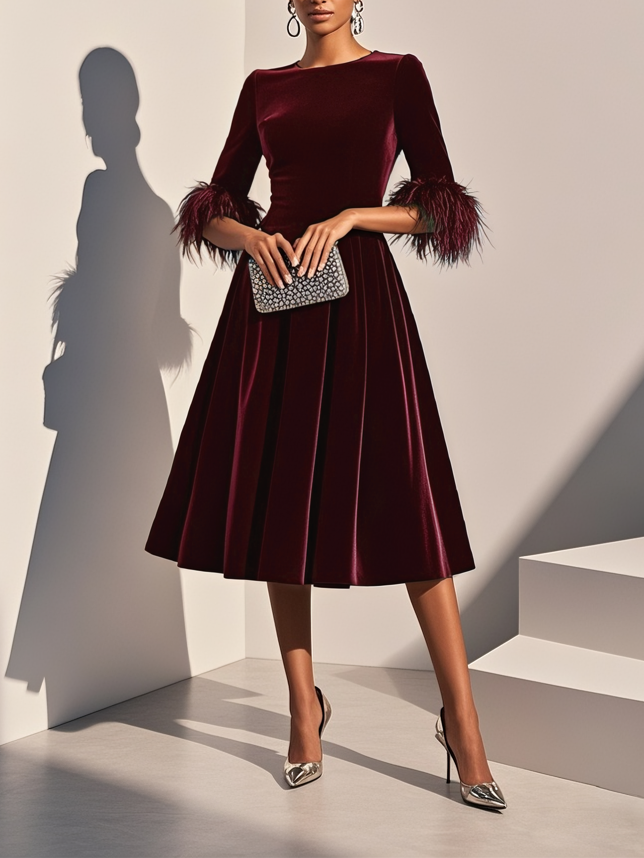 Dark blue velvet midi dress A-line silhouette feather trim cocktail elegant evening gown