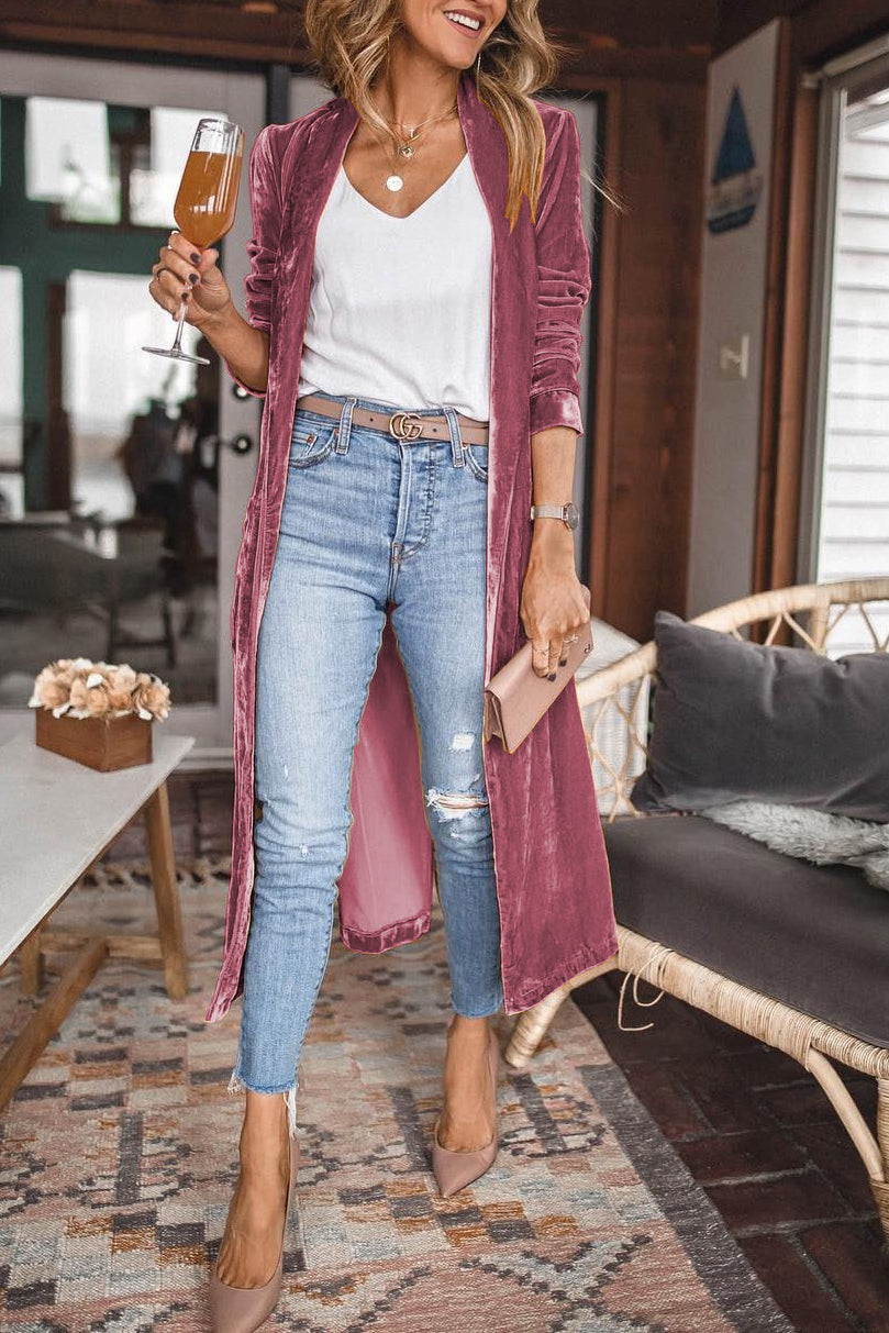 Women's soft velvet open-front cardigan, luxurious layering essential in rich velvet fabric