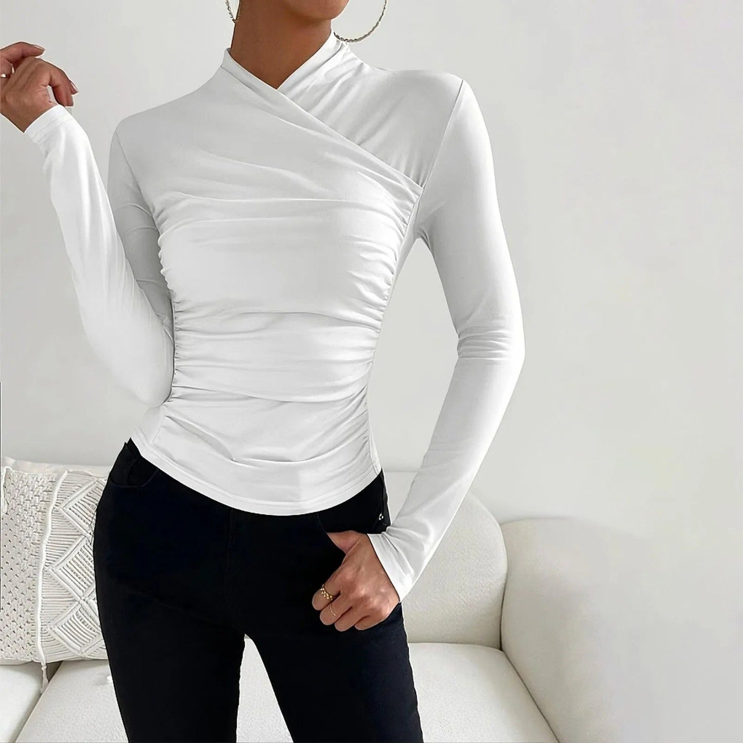 Women's slim fit wrap blouse long sleeve asymmetric high neck elegant Nordic style top