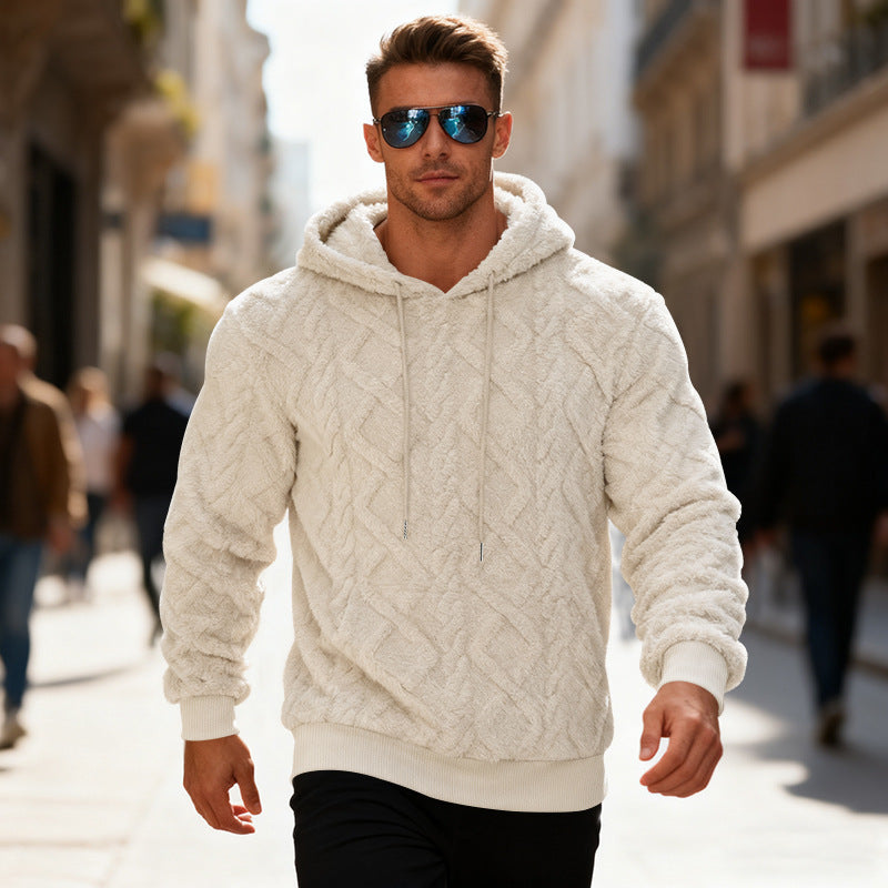 Men's winter knit hoodie in neutral tone, relaxed fit with soft textured pattern for cozy everyday casual wear