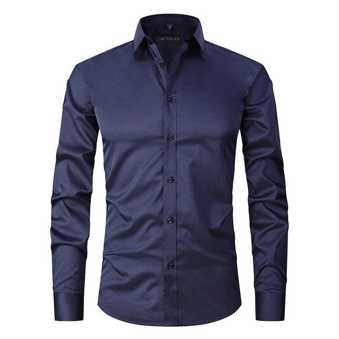 White slim-fit men's dress shirt with breathable stretch fabric and non-iron button-front closure