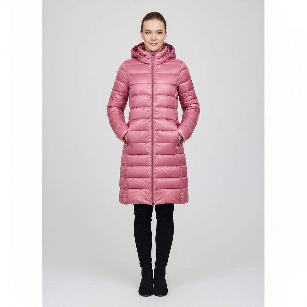Women's slim fit lightweight puffer down jacket with detachable hood, mid-length winter warmth