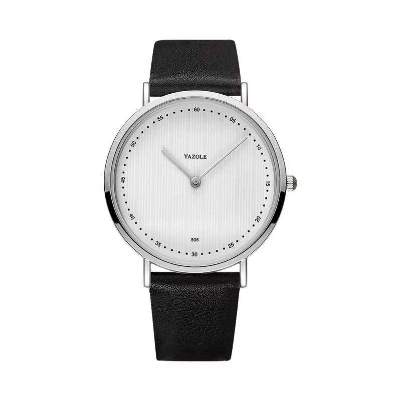 Minimalist stainless steel watch slim profile vegan leather strap scratch resistant glass everyday elegance
