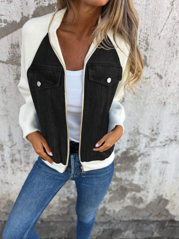 Women's two-tone zip jacket urban casual style modern flattering cut colorblock design
