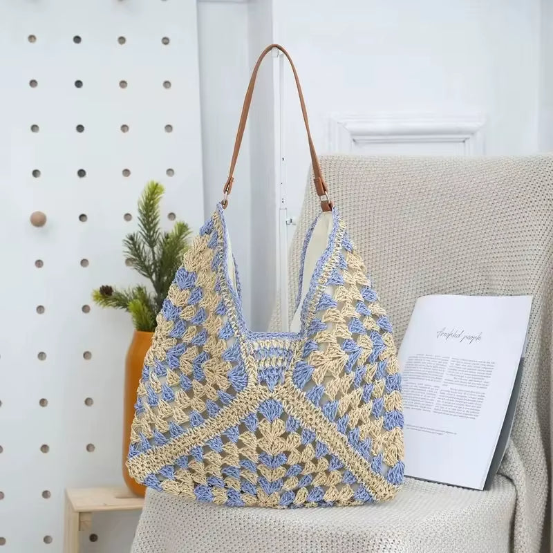 Handwoven crochet boho tote bag with fabric-lined interior, open-top design, durable artisanal finish
