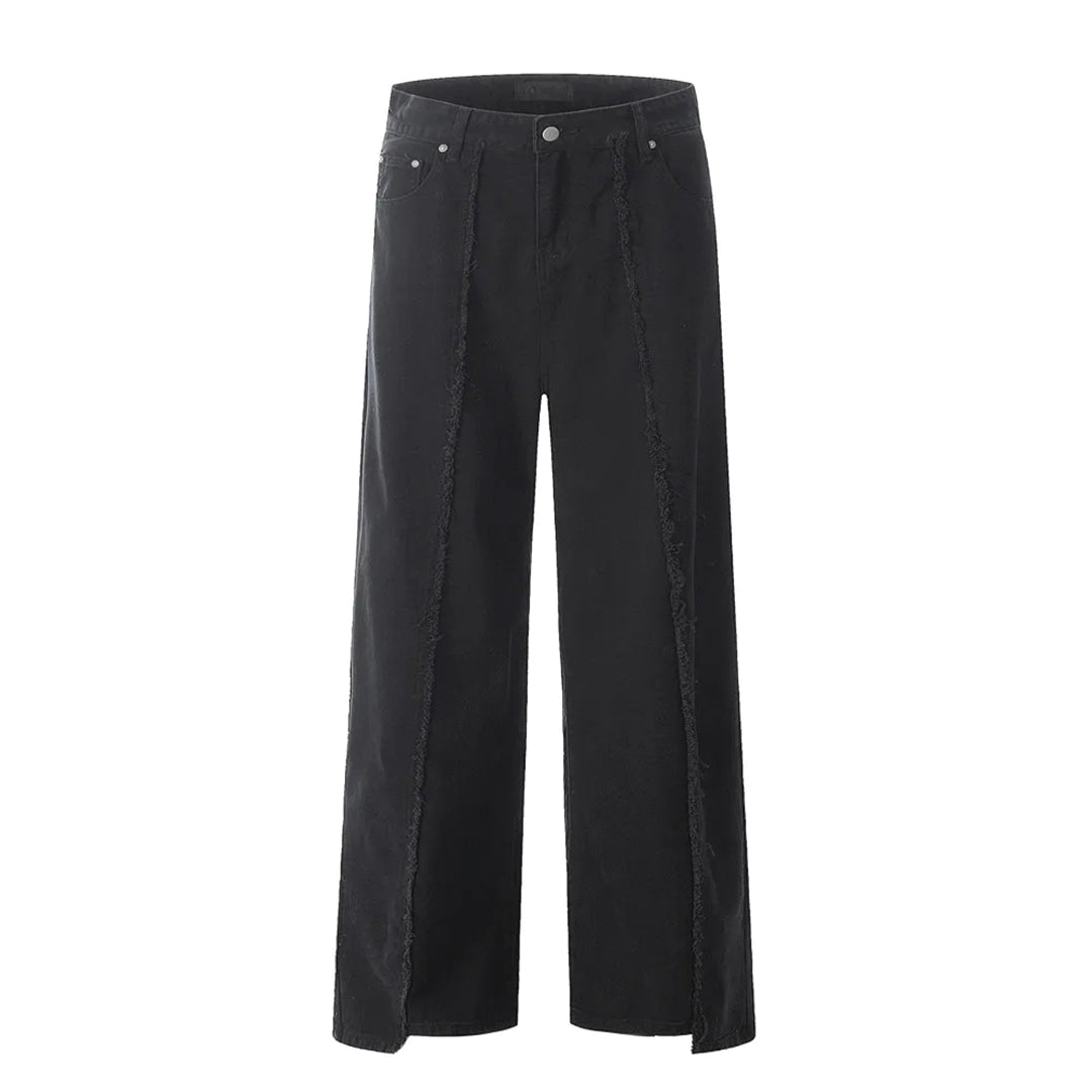 Men's wide-leg raw cut denim jeans asymmetric hem zipper fly modern minimalist streetwear blue