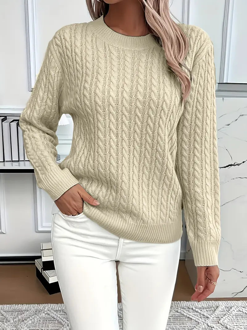 Women's cable knit crewneck sweater relaxed fit soft texture everyday layering essential