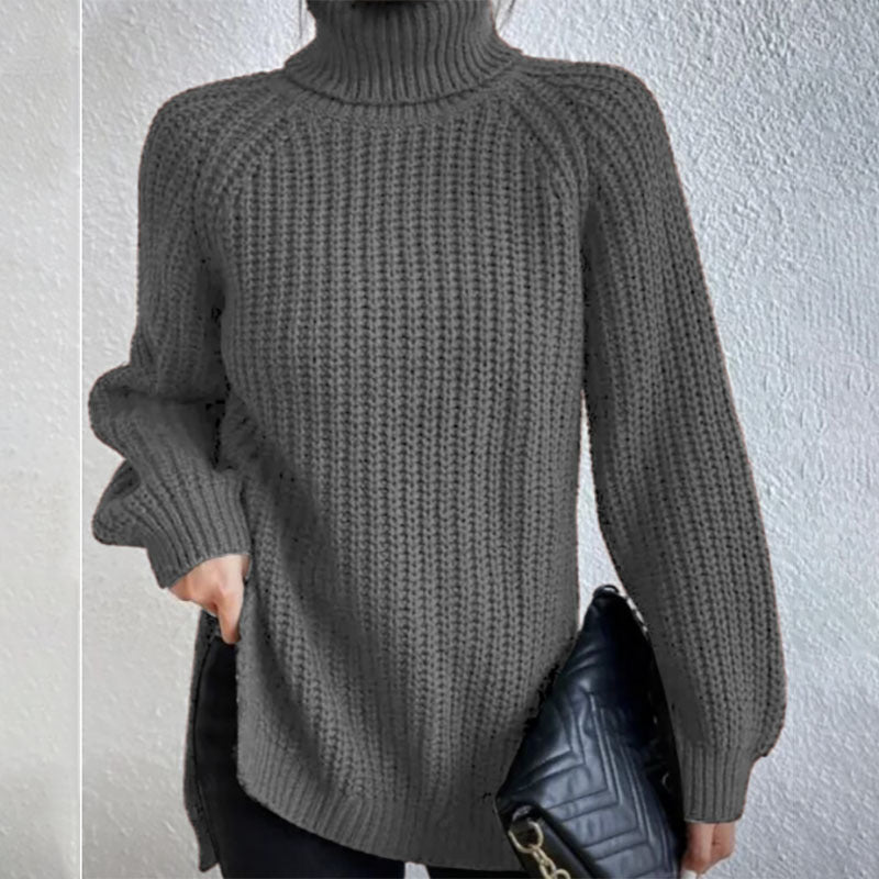 Chunky knit turtleneck sweater in neutral tone, unisex classic silhouette with high rolled collar