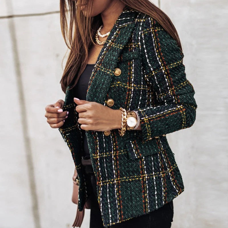 Women's black tweed blazer tailored fit with gold buttons, versatile professional and evening wear style