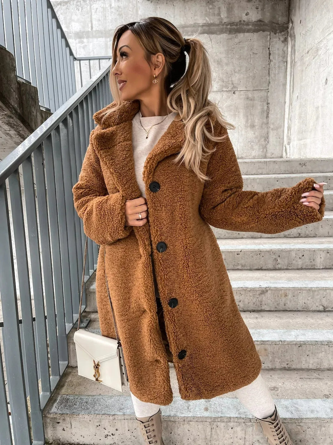 Women's plush trench coat in cozy premium fabric, elegant relaxed fit with timeless chic silhouette