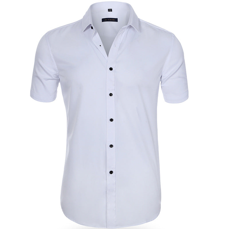 Men's light blue wrinkle-resistant short sleeve shirt with breathable stretch fabric for all-day comfort