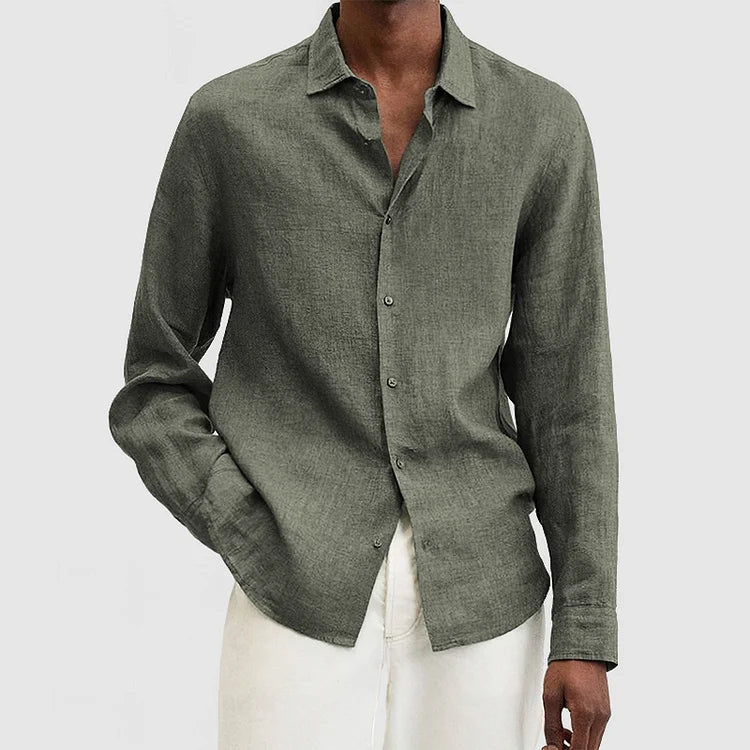 Men's relaxed-fit long sleeve linen shirt in natural beige breathable fabric for everyday casual wear