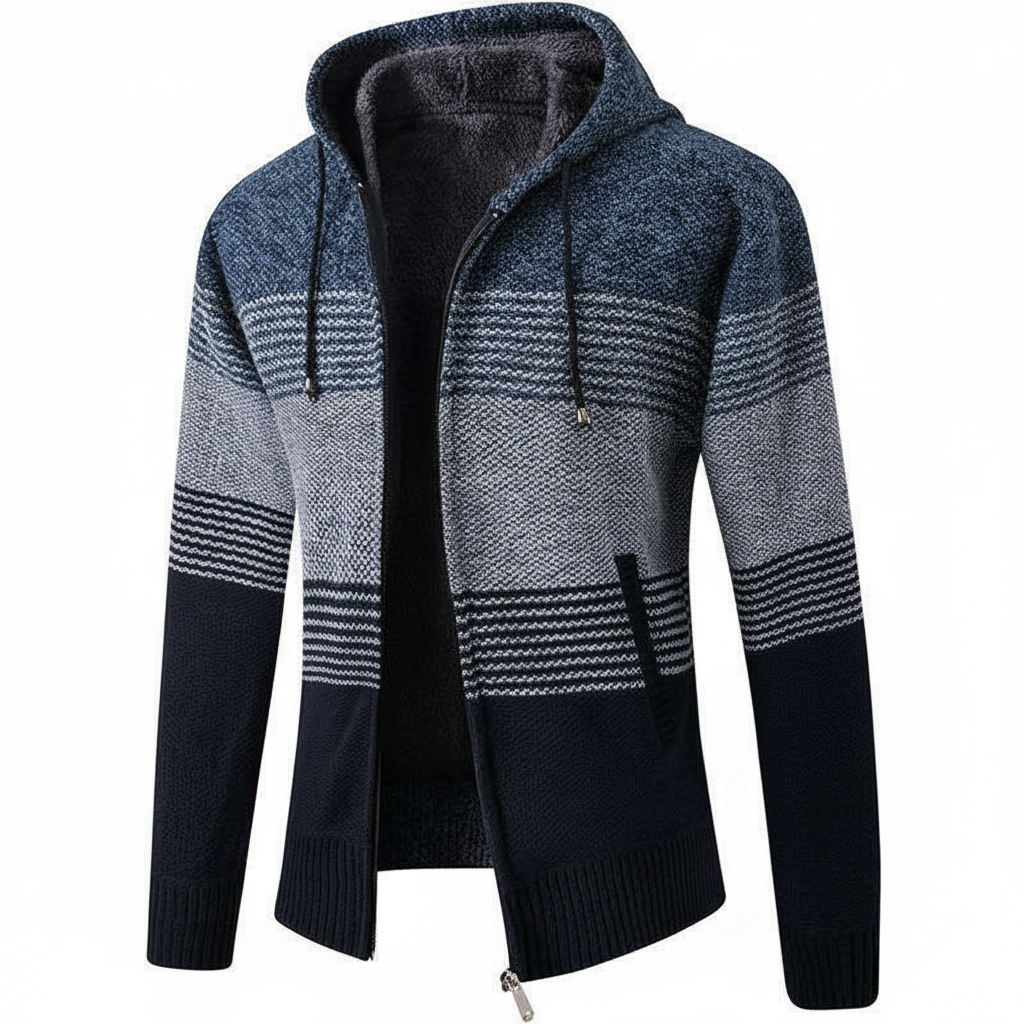 Men's gray striped knitted zip-up hoodie jacket with tonal pattern for cozy casual wear