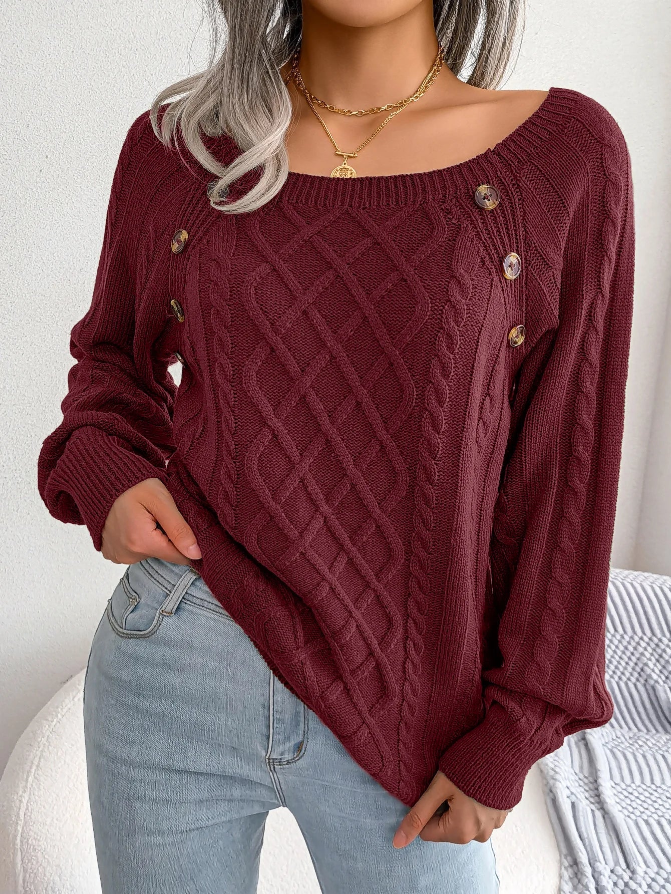 Women's cream diamond cable knit pullover sweater with button details, cozy breathable layering style
