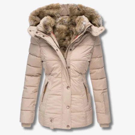 Fadwa women's black hooded puffer jacket with elegant quilted insulation for winter warmth
